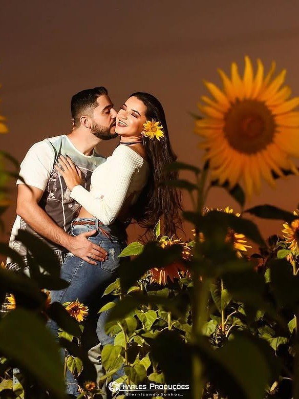 Casal se beijando em meio a um campo de girassóis ao entardecer